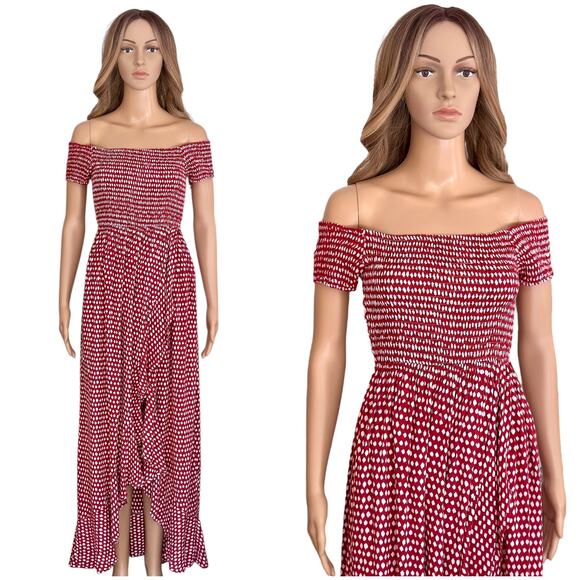 Tiare Hawaii Cheyenne Off The Shoulder Cover-up Maxi Dress cotton Red Dot OS - Picture 1 of 9